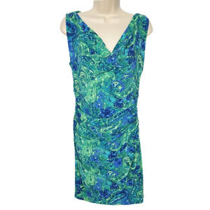 Lauren Ralph Lauren Sheath Dress Size 10 Blue Green Floral Cowl Neck Sleeveless
